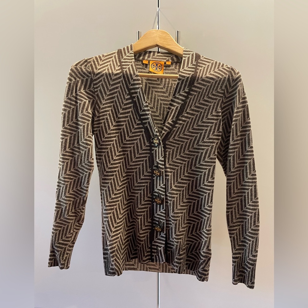 Tory Burch Brown and Cream Chevron Cardigan